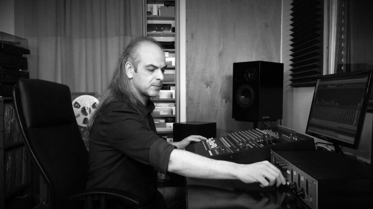 Miltos Marathon Control room in studio b&w photo